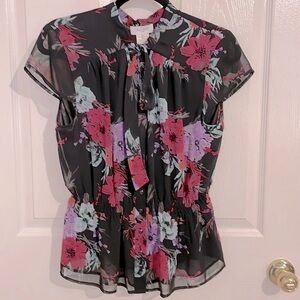 Kate Hill Black Floral Button Down Elastic waist Short Sleeve Blouse, Size 14P